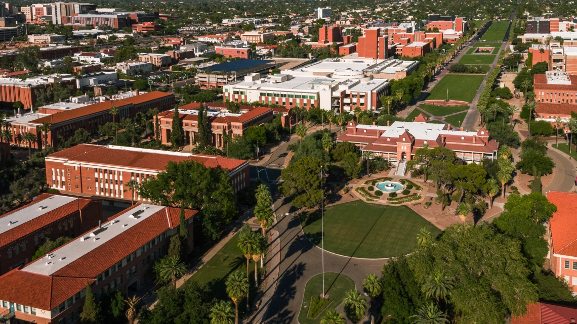 Aerial photo of Old Main and surrounding campus